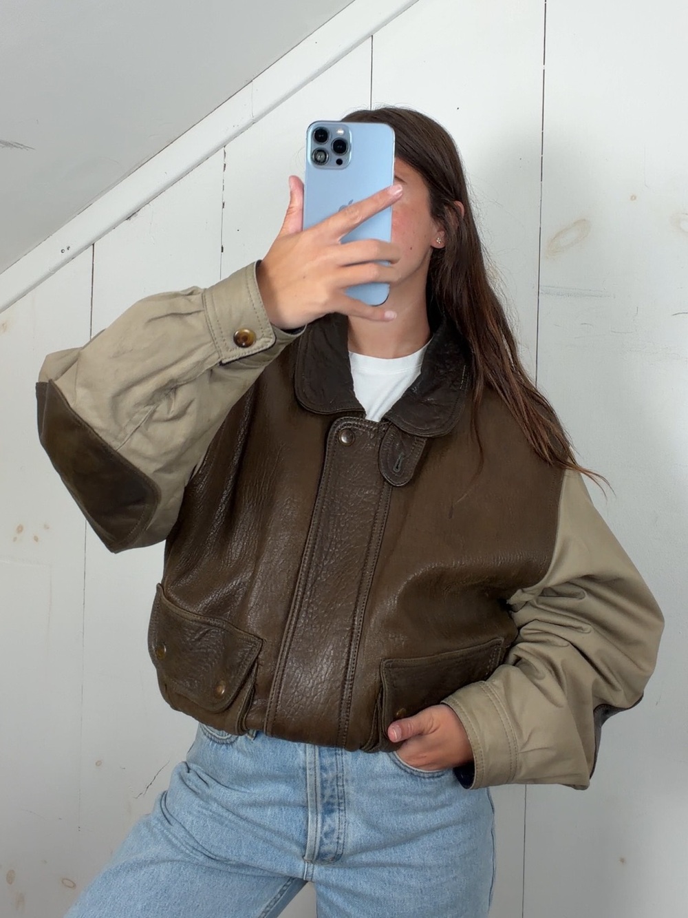 VTG Nautica Leather Bomber Varsity Flight Canvas Jacket Men’s L Colorblock 90s